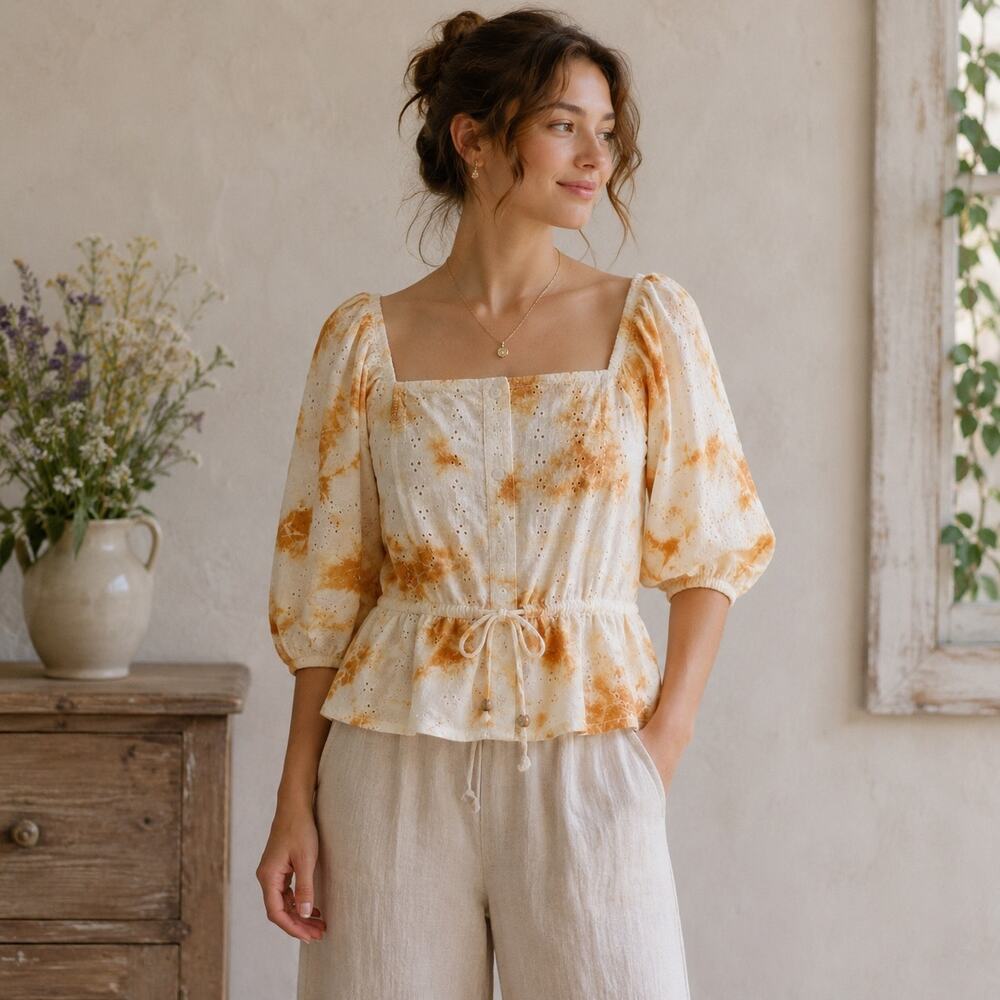 Broadway 38 Orange Tie Dye Tie Waist Peasant Top Large